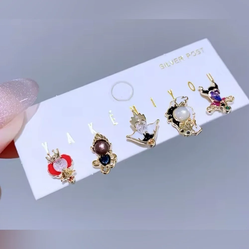 14K Gold Disney Villains Gemstone Theme Earrings Mismatched Stud Set